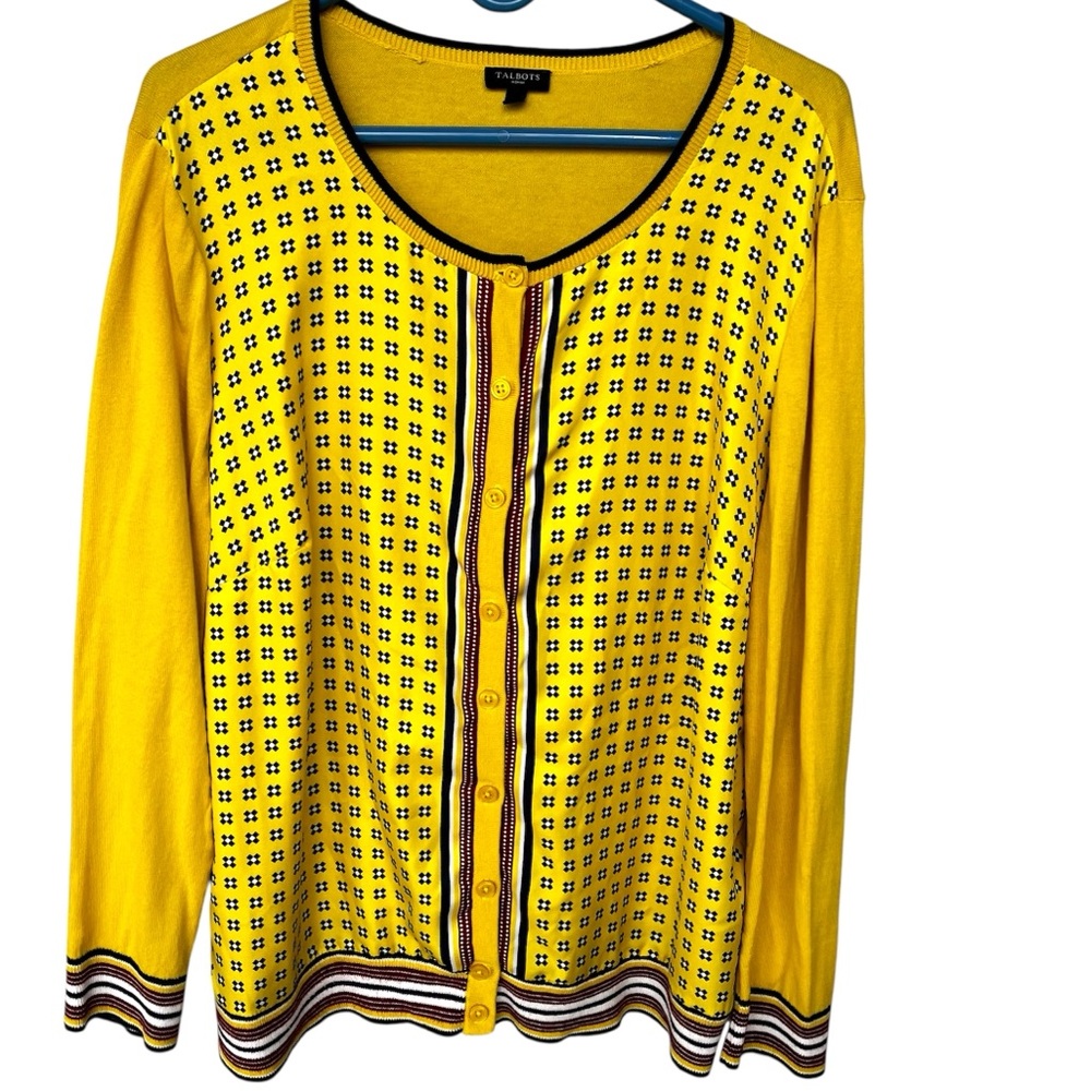 Talbots Woman Charming Cardigan Geo-Print Yellow Classic Crew Neck Size 2X